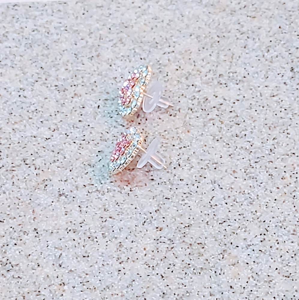 DOUBLE HEART PINK & CLEAR CUBIC ZIRCONIA SURGICAL STEEL STUD EARRINGS - Picture 6 of 9